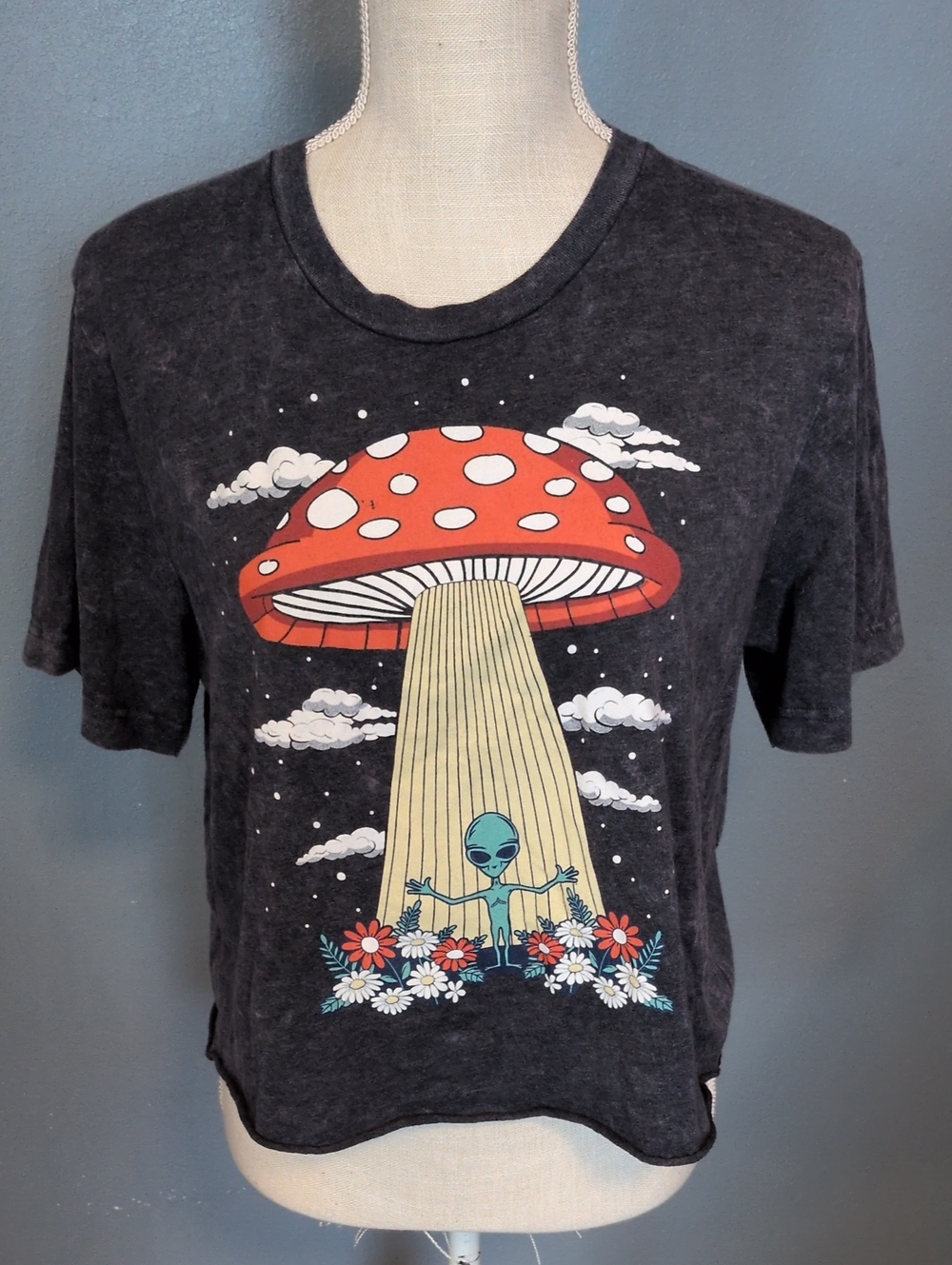Laugh Live Love Mushroom Alien Floral Mythical Cropped Raw Hem Top Whimsigoth